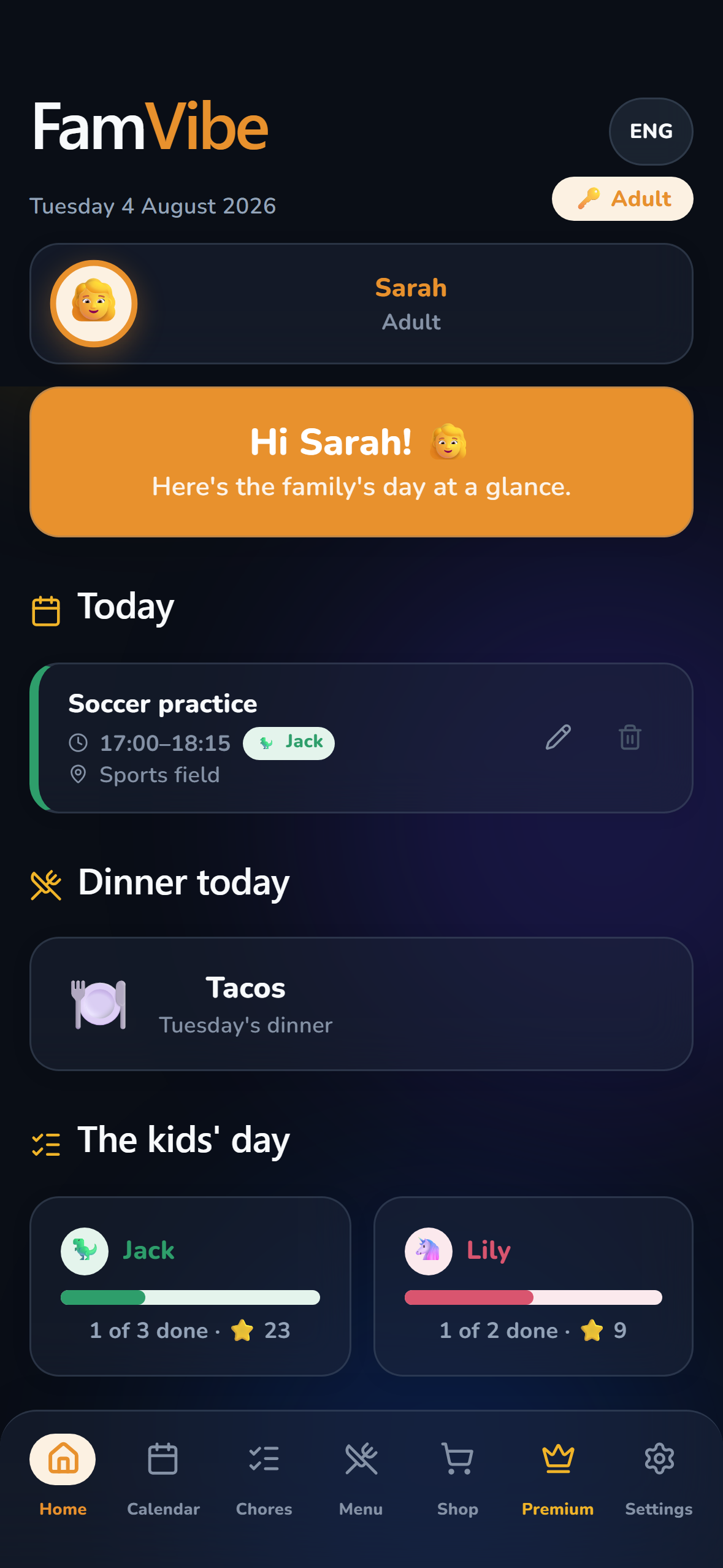 FamVibe home screen showing today's schedule