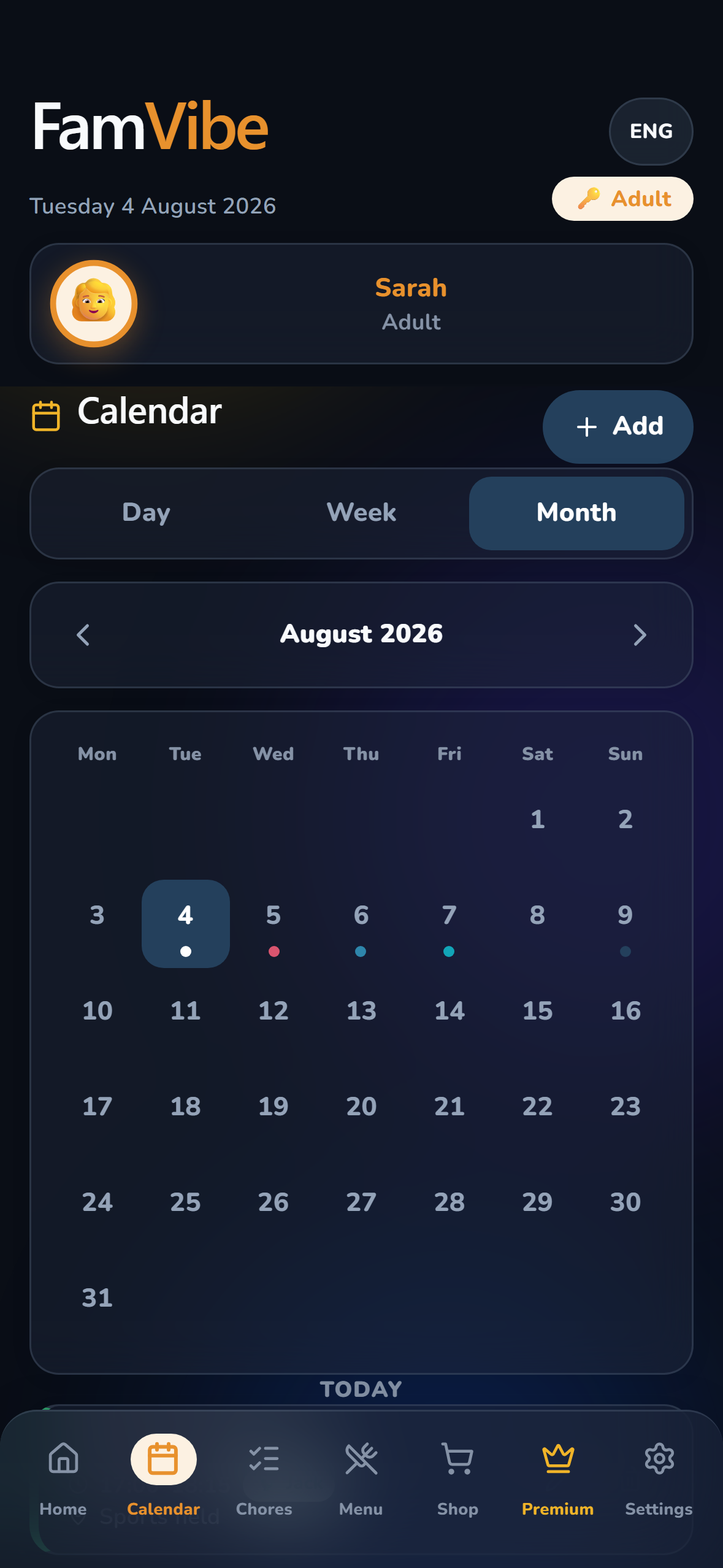 FamVibe calendar, month view