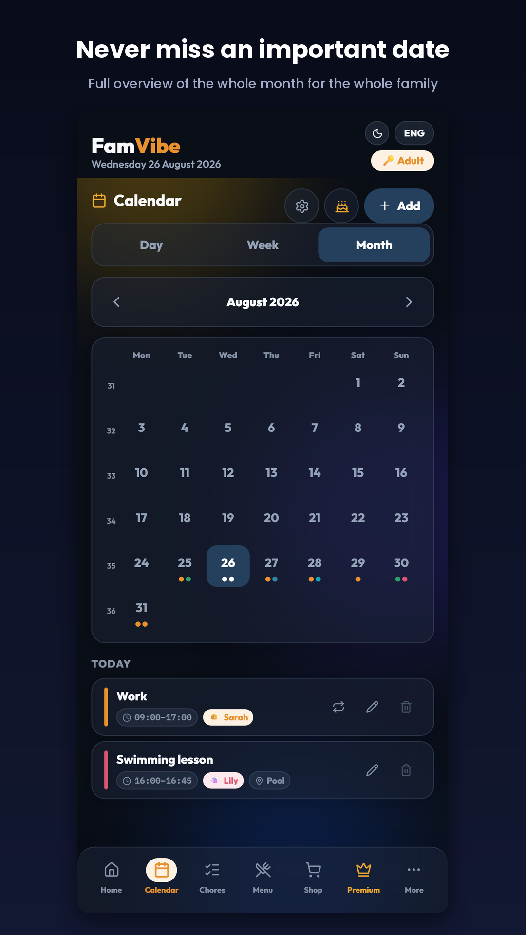 FamVibe calendar, month view