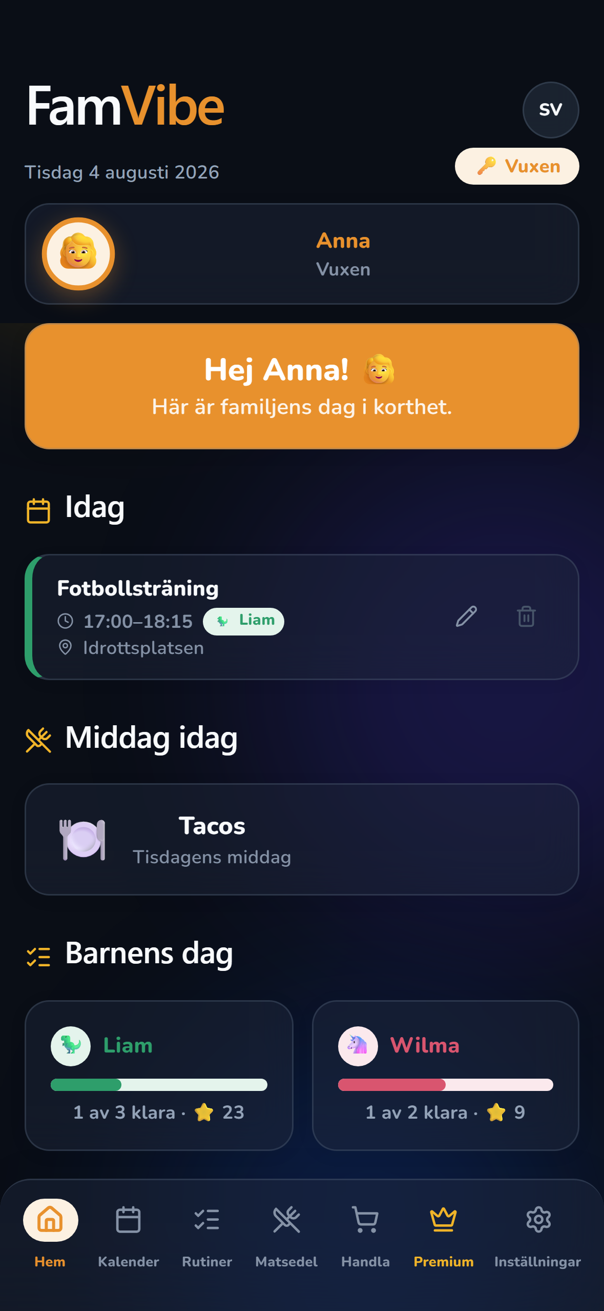 FamVibe startskärm med dagens schema