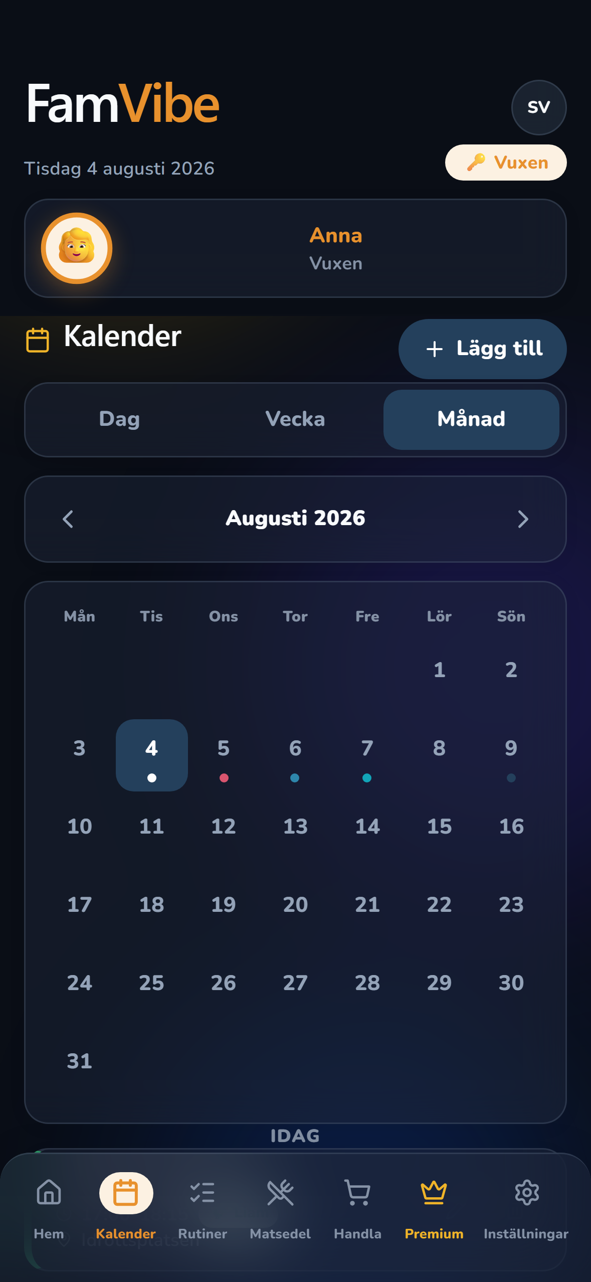 FamVibe kalender, månadsvy