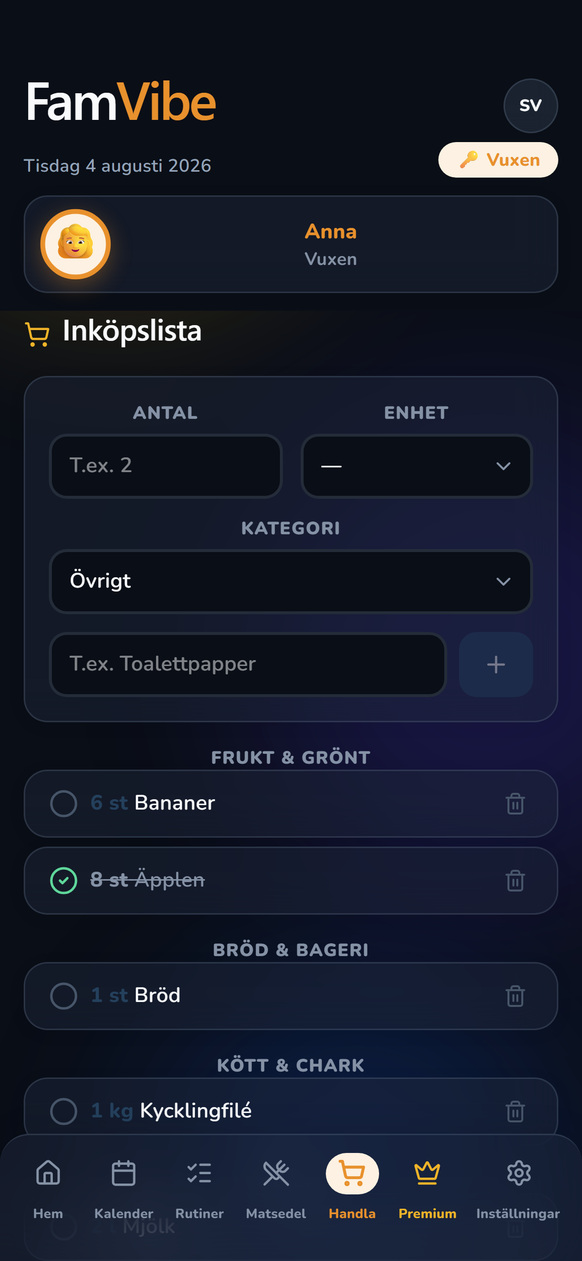 FamVibe inköpslista