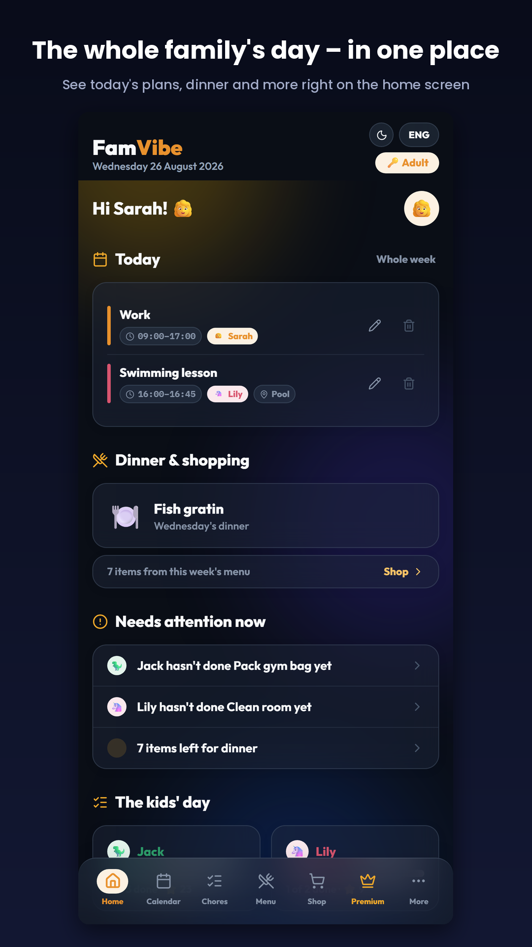 FamVibe home screen with the family's day at a glance