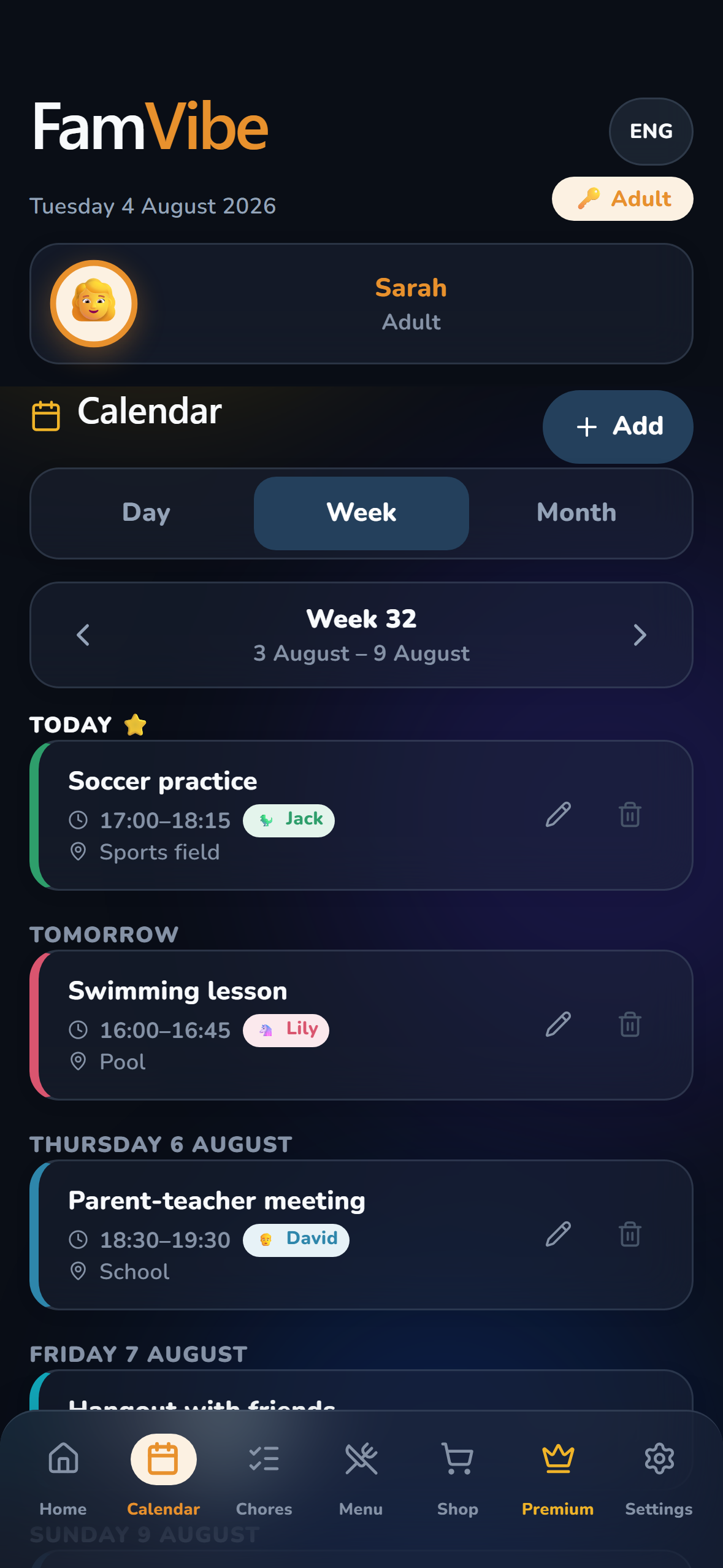 FamVibe calendar, week view