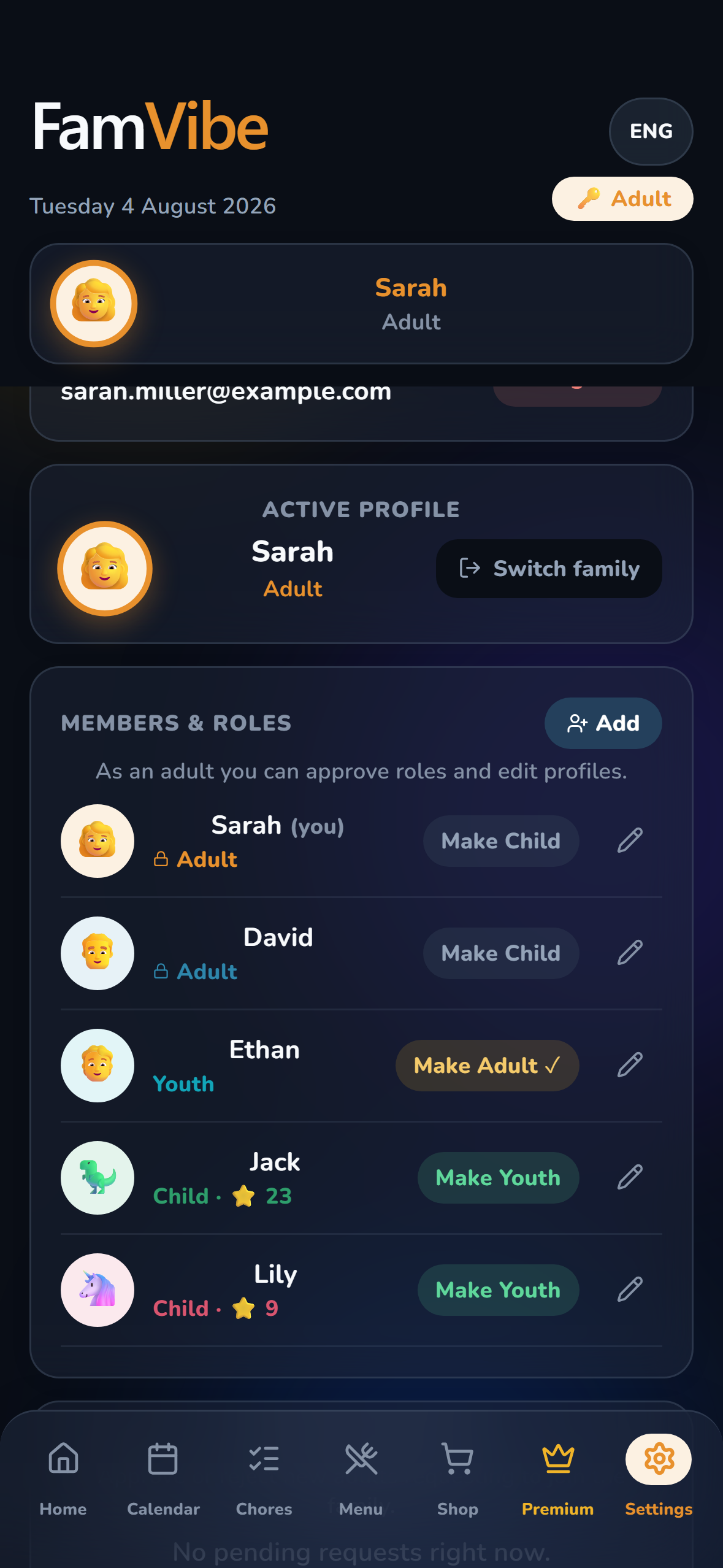 FamVibe settings and family members