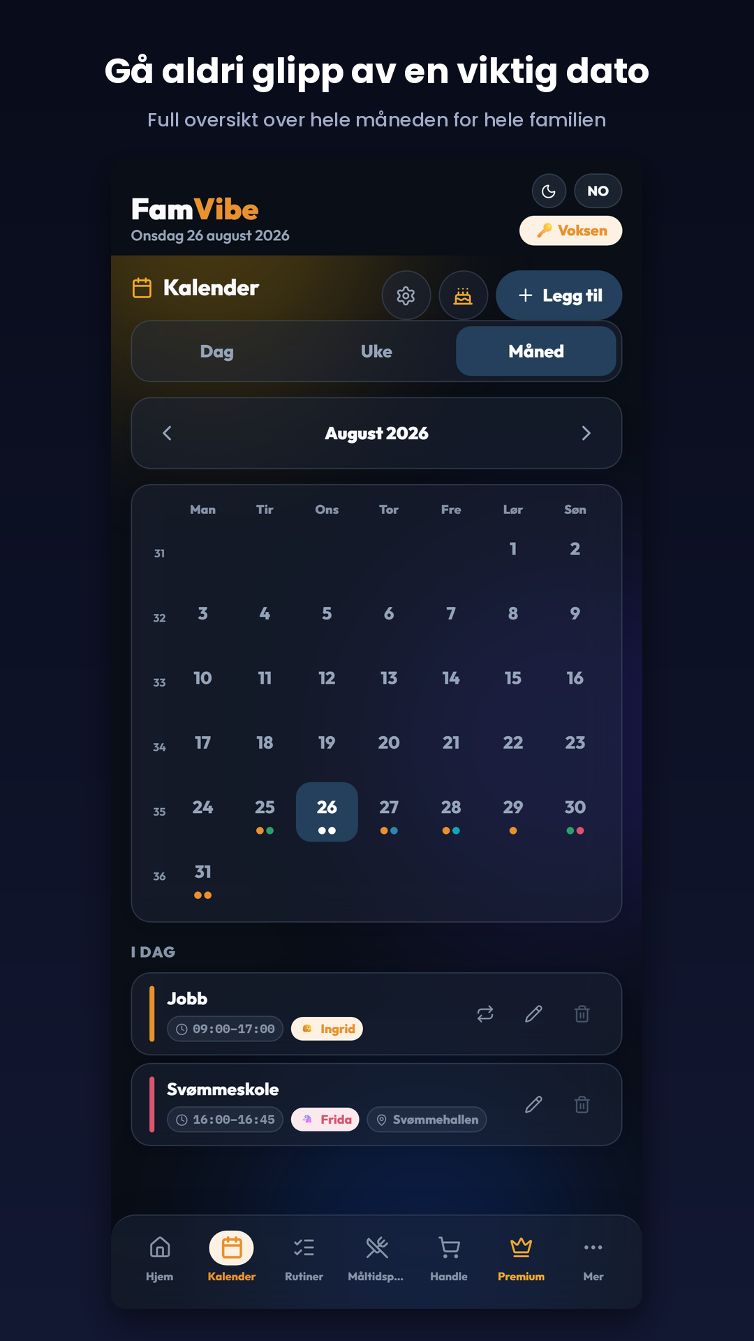 FamVibe kalender, månedsvisning