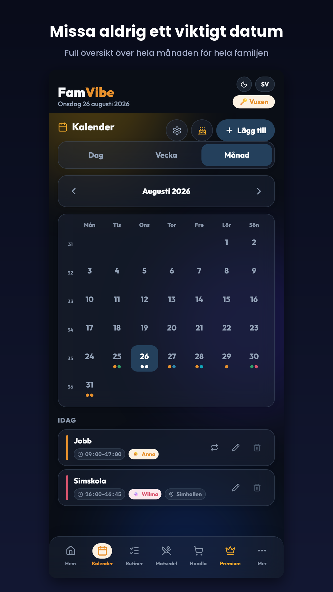 FamVibe kalender, månadsvy