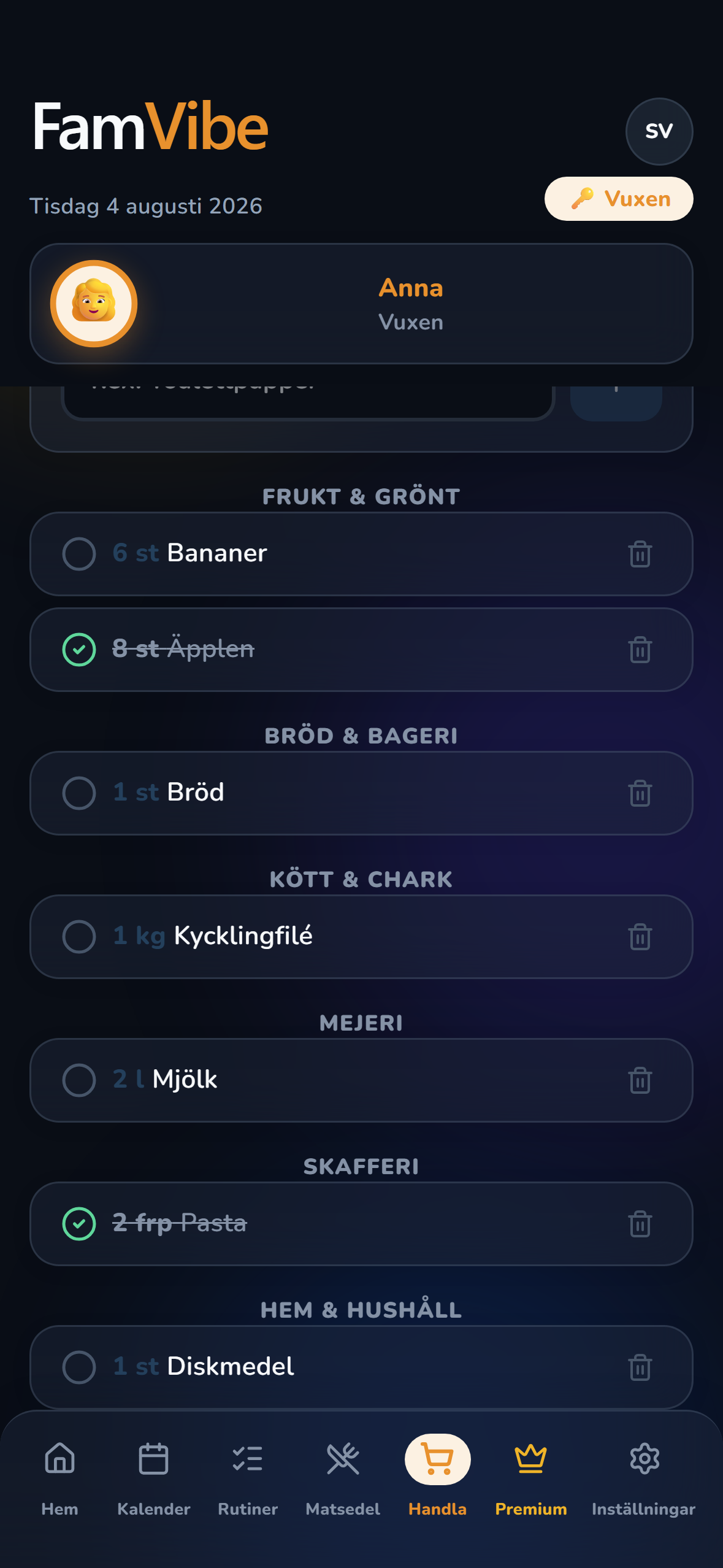 FamVibe inköpslista