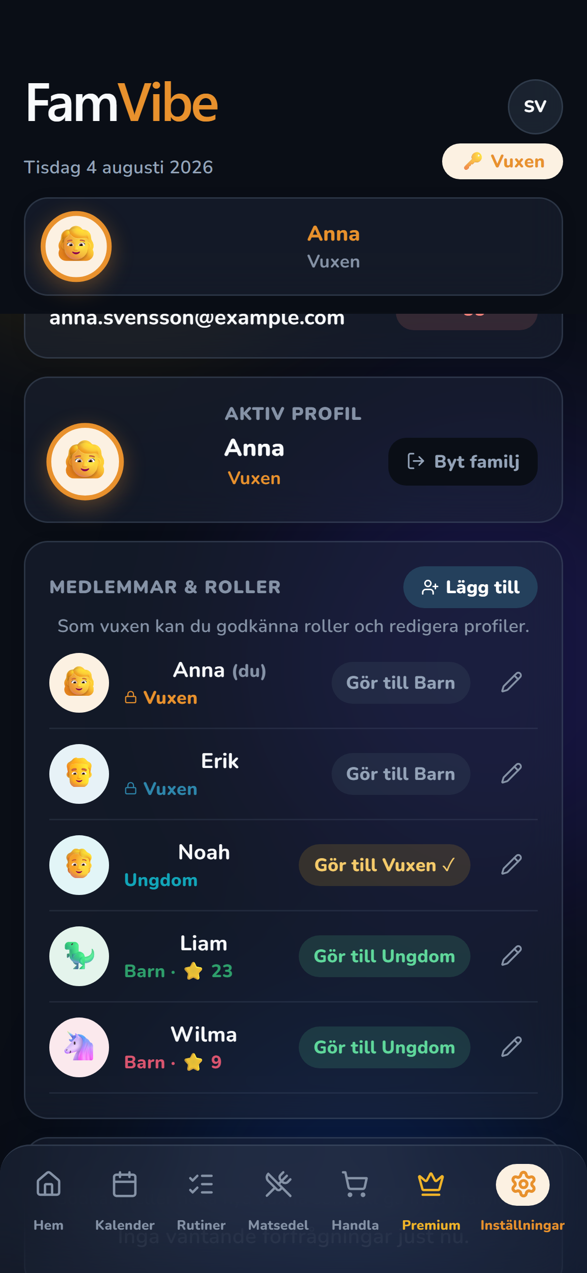 FamVibe inställningar och familjemedlemmar